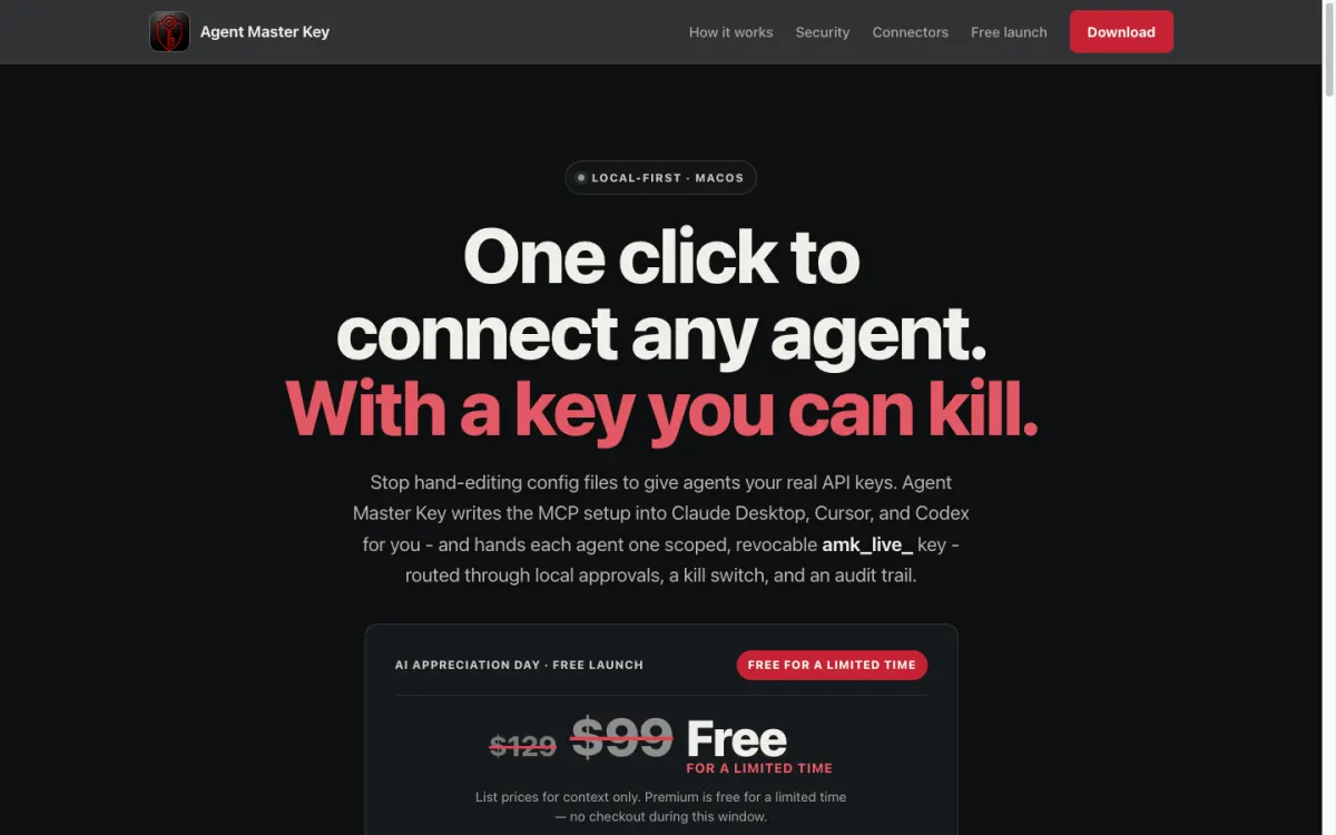 Agent Master Key homepage showing its local-first macOS access product