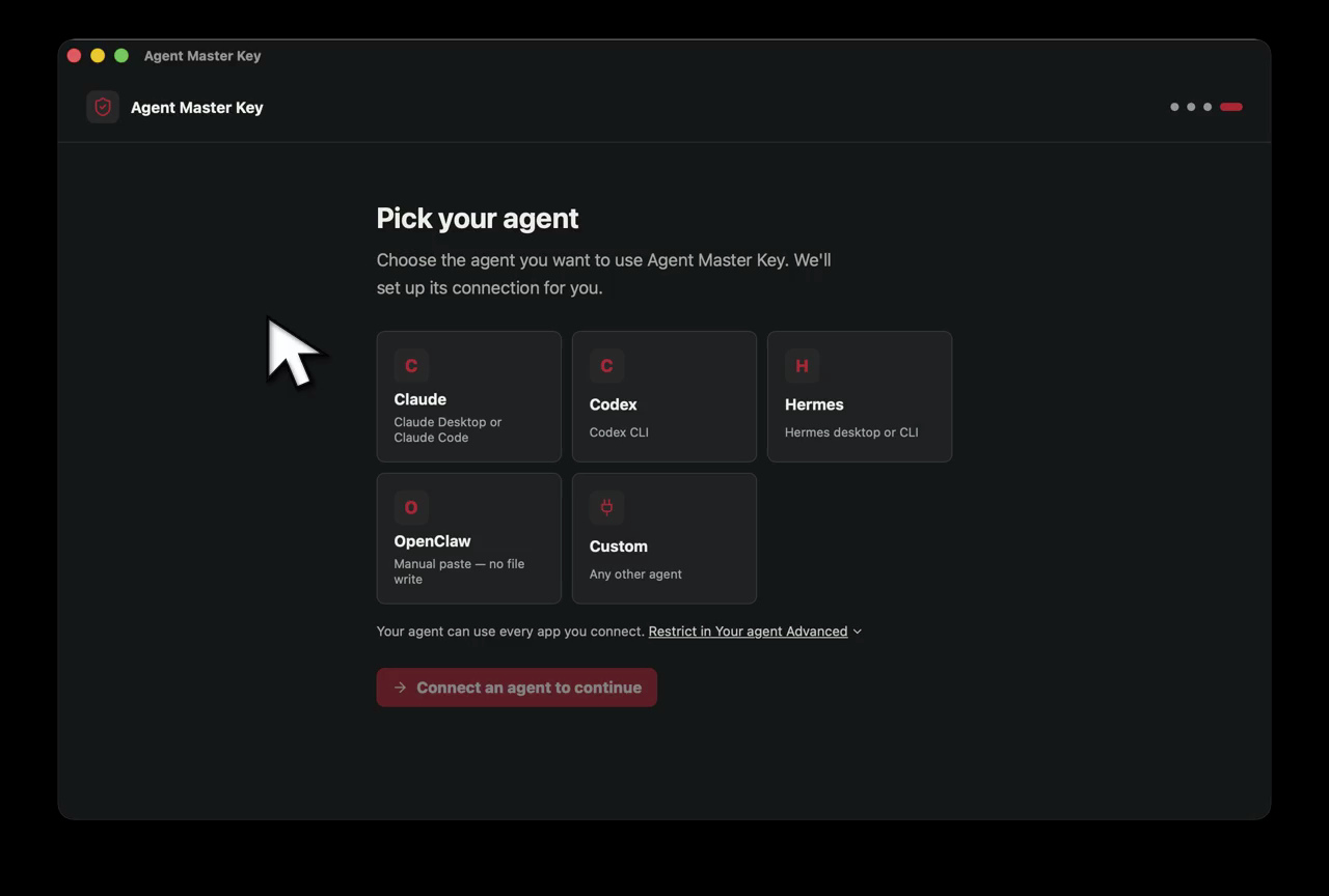 Actual Agent Master Key preview: choose an agent to connect, using isolated demo data