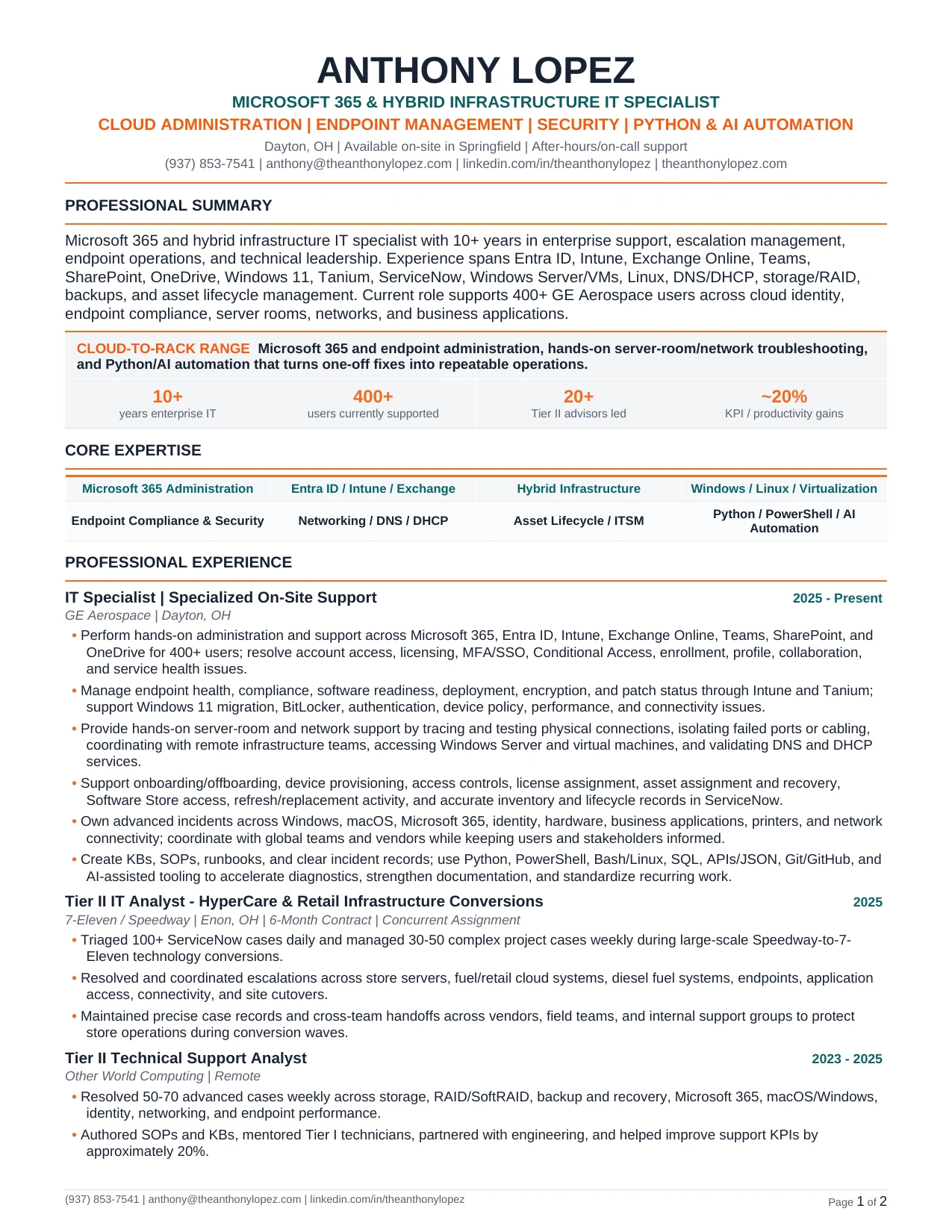 Anthony Lopez résumé, page 1 of 2