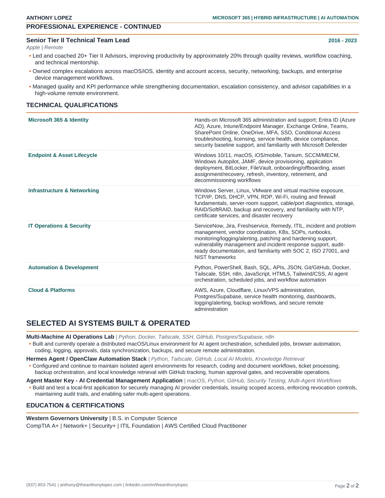 Anthony Lopez résumé, page 2 of 2